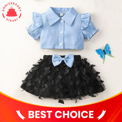 Toddler Girl Sweet Solid Color Ruffle Butterfly Sleeve Shirt & Bowknot Decor Skirt