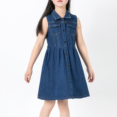 Kid Girl Solid Color Sleeveless Denim Shirt Dress