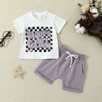 Cross-border new 0-24M infant and toddler plaid letter printed short-sleeved solid color shorts summer two-piece set  Purple