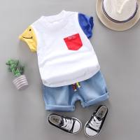 Children's suit for boys, round neck striped color matching T-shirt, short sleeve denim cotton shorts, summer casual two-piece suit  White