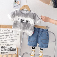 Boys summer short-sleeved suit 2024 new tie-dye Korean style T-shirt shorts two-piece set children's thin summer clothing trend 1  Gray