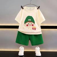 New style children's short-sleeved suit children's clothing boys summer casual loose clothes waffle baby summer  Green