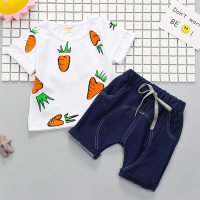 Infant and child summer clothing set 2024 new cartoon T-shirt short-sleeved 0-1234 years old baby jeans two-piece set  White