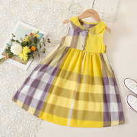 Girls Lapel Cute Sleeveless Shirt Plaid Dress  Yellow