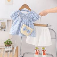 Girls summer children's clothing suits new 1-4 years old girl baby summer clothing children's short-sleeved dress two-piece suit  Blue