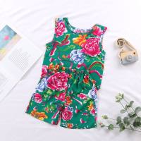 Children's vest suits, boys and girls summer thin cotton silk floral suspender shorts, baby cute two-piece suit  Green