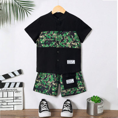 2pcs Set Young Boy Camouflage Print Color Block Shirt And Shorts Suit