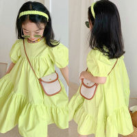Girls short sleeve irregular dress princess dress  Yellow