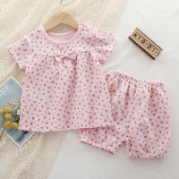 Girls summer short-sleeved suit printed gauze baby girl new pajamas comfortable, cute and breathable girl two-piece set  Pink