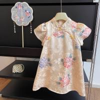 New summer dress for girls, thin style, little girl Chinese style cheongsam dress, fashionable puff sleeve princess dress  Apricot