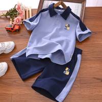 Medium and large children's casual short-sleeved T-shirt POLO shirt all-match sports suit 2024 summer style boys color matching two-piece set  Blue