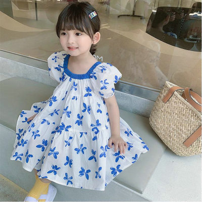 Vestido de princesa con cuello cuadrado y mariposa azul para niñas, novedad de verano 2024, ropa para niños