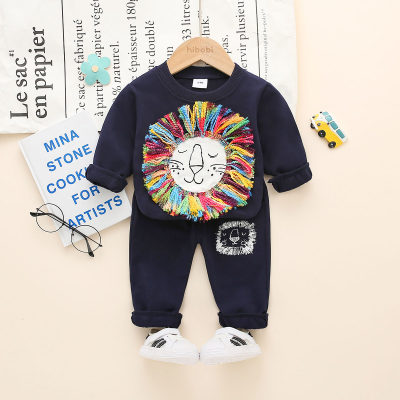 Suéter e calça com estampa de leão estampado em 3D com listras de bebê