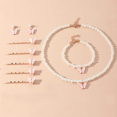 Set di gioielli con perle a farfalla in 4 pezzi per bambina