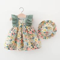Toddler Girl Floral Pattern Fly Sleeve Dress & Hat  Green