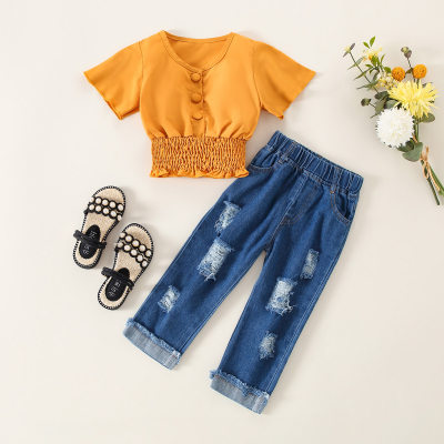 Toddler Solid Color Butterfly Sleeve Blouse & Jeans Pants