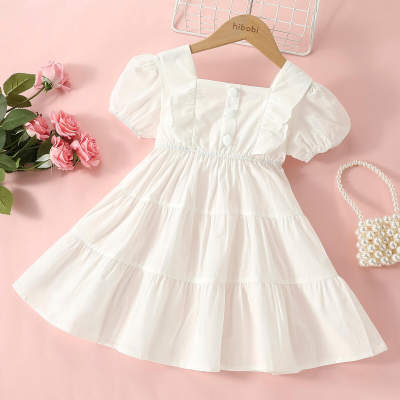 Toddler Solid Color Square Neck Puff Sleeve Knee length Frock