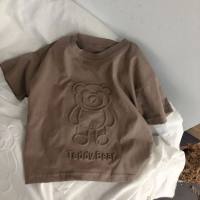 Urso estampado infantil tridimensional algodão macio verão camiseta de manga curta bebê casual camisa de fundo  Café