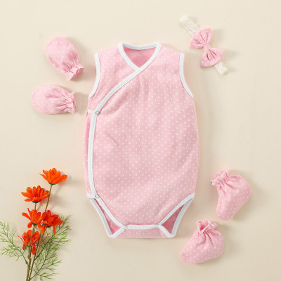 Baby Animal Polka Dot Pattern Slanted Placket Bodysuit & Headband with Gloves & Foot Cover