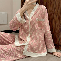 ins Korean style round circle small fragrant style pajamas women's long-sleeved trousers with pockets loose v-neck foreign trade cross-border home clothes  Pink