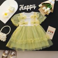 فستان الأميرة الصيفي الجديد للأطفال فستان أنيق للفتيات تنورة شاش بفيونكة وردية بلونين ملابس عصرية  أصفر