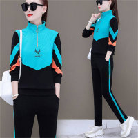 2PCS sports suit loose large size stand collar casual running suit two-piece suit  Blue