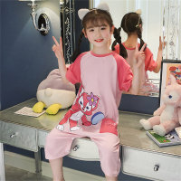 Super cute children's one-piece pajamas summer pure cotton middle and large children's cartoon breathable anti-kicking quilt children's home clothes  Pink