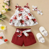 3 pezzi Baby Girl Allover motivo floreale Canotta arruffata e pantaloncini decorati con fiocco e copricapo abbinato  Borgogna