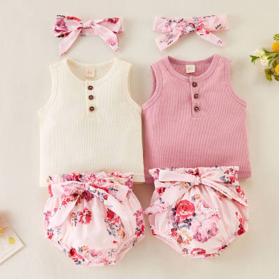 Baby Girl Solid Color Sleeveless T-Shirt & Floral Pattern Shorts & Headband