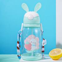 Deer horn rabbit ear water cup straw cup cartoon children's plastic cup with strap portable large capacity outdoor cup  Green