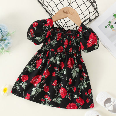 Baby Girl Pure Cotton Allover Floral Printed Square Neck Short Puff Sleeve Dress