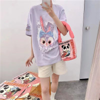Camiseta de manga curta de coelho com desenho animado e gola redonda  Roxa