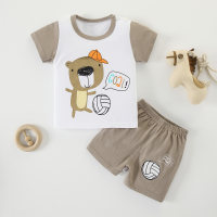 Toddler Boy Animal Stripes Color-block Bear Top & Shorts Pajamas Sets  White