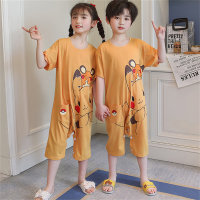 Supersüßer einteiliger Pyjama für Kinder, Sommer, reine Baumwolle, mittlere und große Kinderkarikatur, atmungsaktive Anti-Kick-Steppdecke, Kinderheimkleidung  Gelb