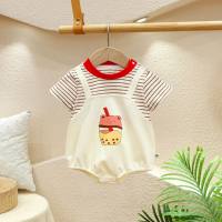Baby summer jumpsuit thin boys and girls baby cartoon striped short-sleeved clothes newborn baby romper crawling clothes  Beige