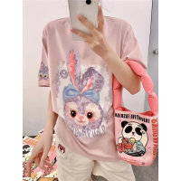 Camiseta de manga curta de coelho com desenho animado e gola redonda  Rosa