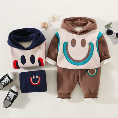 2-piece Toddler Boy Pure Cotton Color-block Smiley Pattern Hoodie & Matching Pants