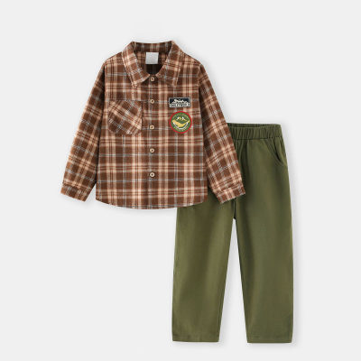 Smiley ✖ hibobi - Camisa con botones en el frente y bolsillo a cuadros para niños pequeños de 2 piezas y pantalones de color sólido