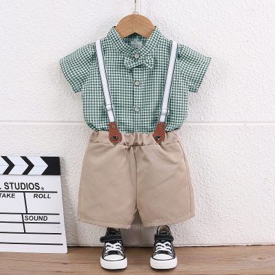 Boys summer short-sleeved suit 2024 new baby handsome and stylish denim baby suspenders children's two-piece set