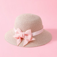 قبعة من القش مزينة بفيونكة من الكتان للفتيات وحقيبة صغيرة متطابقة  وردي 