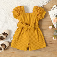 Cross-border ins infant girl summer style small square collar puff sleeve belt fashionable Korean version of one-piece shorts  Yellow