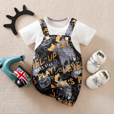 Baby Rocky Letter Printed Color-block Short Sleeve Boxer Romper