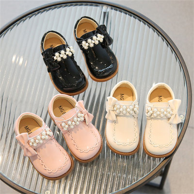Fashionable Pearl Leather Shoes British Style Bow Princess Shoes Children's Rhinestones