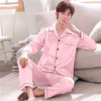 2-piece Men Imitation silk thin ice silk satin Adult pajamas set  Pink