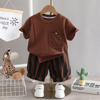 Foreign trade 2023 new summer style boys' round neck solid color pocket short-sleeved suit baby boy casual short-sleeved two-piece set  Brown
