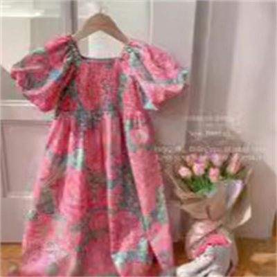Girls Short Sleeve Floral Dress Pastoral Style Children's Puff Sleeve Dress Trendy