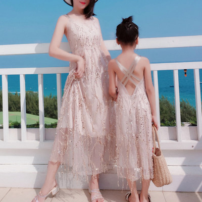 Elegant Solid Color Sequins Long Dress for Mom and Me