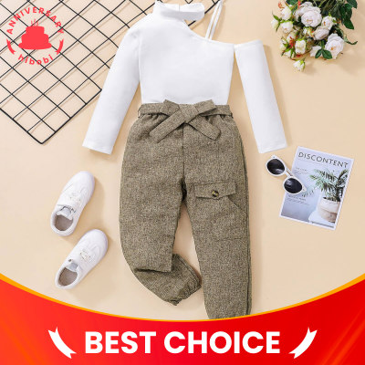 Toddler Solid Color Raglan Sleeve Top & Pants With Belt