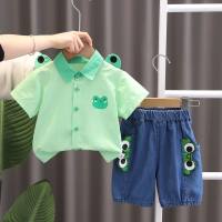2 Summer new boys and girls cartoon short-sleeved T-shirt solid color lapel POLO shirt suit baby animal two-piece suit trendy  Green