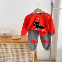 Conjunto de roupas íntimas infantis roupas de outono e ceroulas estampadas para crianças roupas para casa pijamas roupas infantis  Vermelho